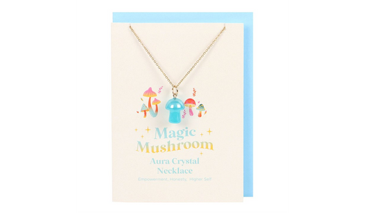 Blue Aura Crystal Mushroom Necklace Greeting Card