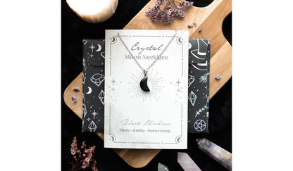 Black Obsidian Crystal Moon Necklace on Greeting Card