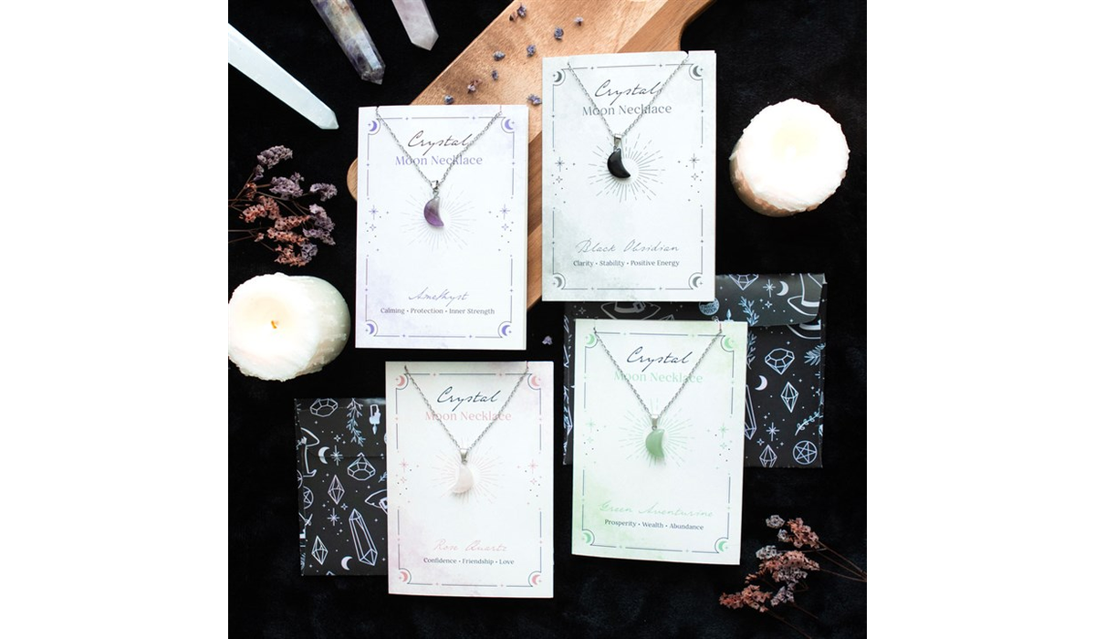 Black Obsidian Crystal Moon Necklace on Greeting Card