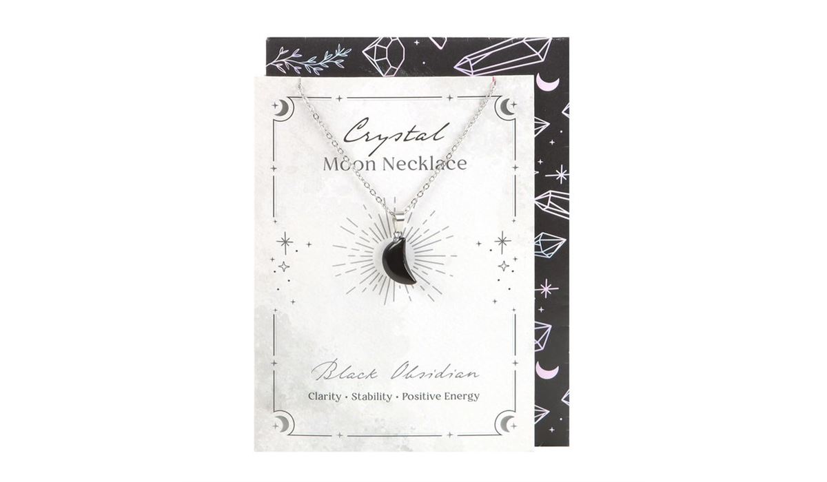 Black Obsidian Crystal Moon Necklace on Greeting Card